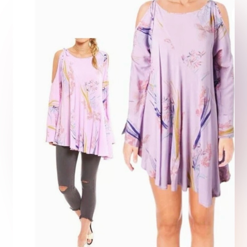 Free People Lavender Floral Cold Shoulder Tie Oversized Tunic/DressSmoke/Petfree